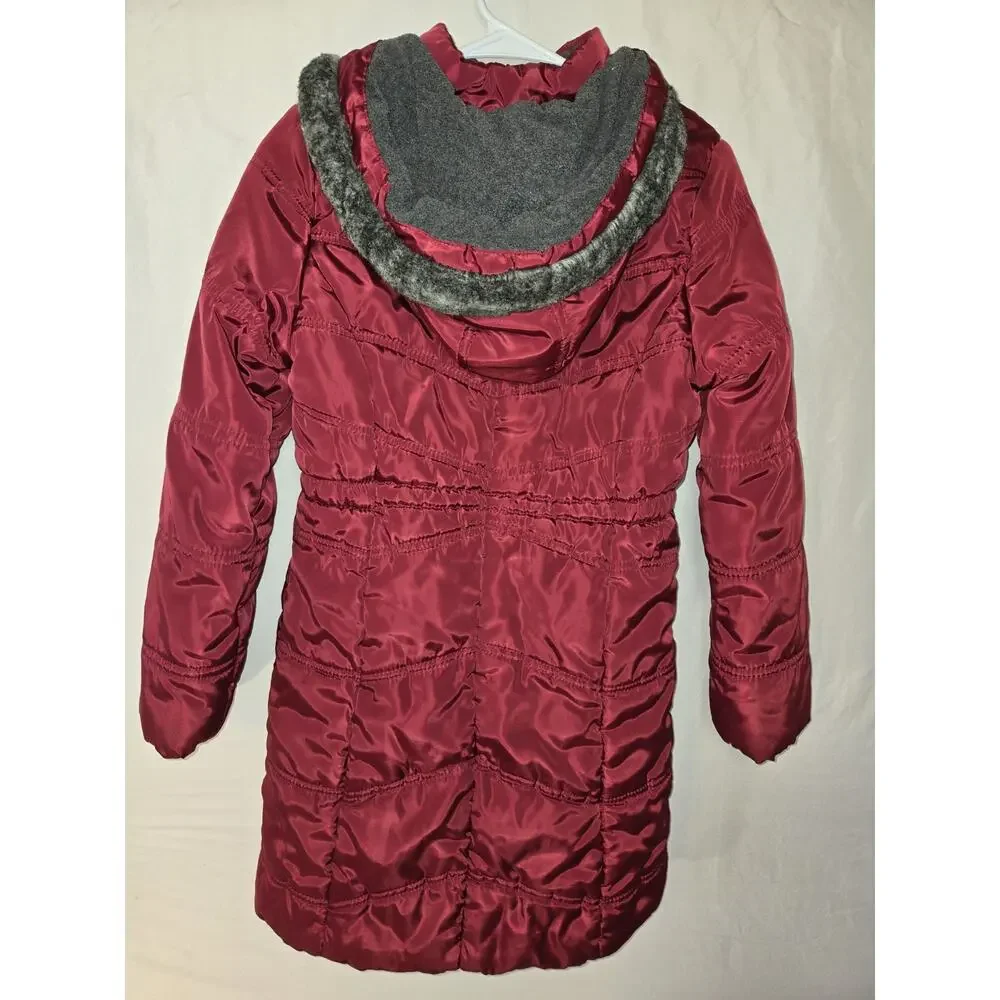 Calvin Klein Jeans US Girls Size L Redberry Hooded Puffer Coat Faux Fur Trim